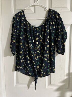 Soho Girls Navy Floral Button-Tie Peasant Blouse (Off The Shoulder)